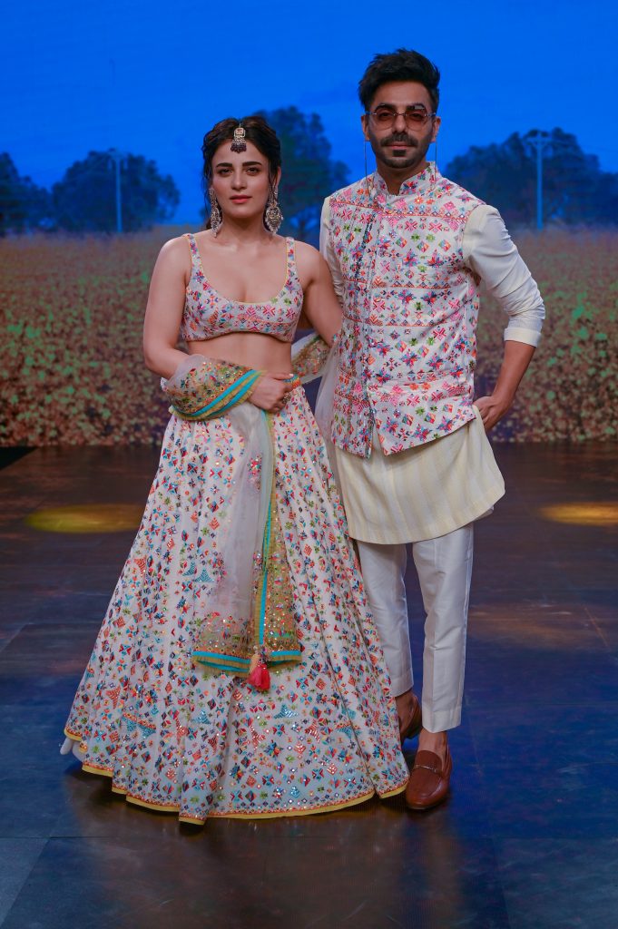 Bollywood Actors Aparshakti Khurana and Radhika Madan Poses for designer Sukriti Akritis Collection at The Lakme Fashion Week Fluid Edition 2020 at St. Regis in Mumbai, India on 24th October 2020.  Photo :Vaqaas Mansuri / FS Images / Lakme Fashion Week / IMG Reliance