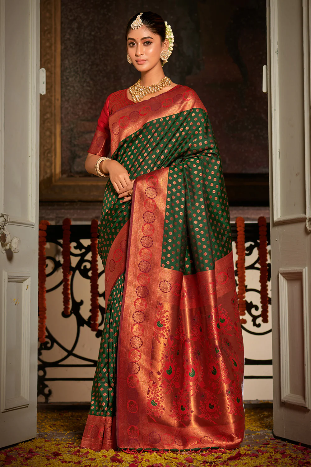 Your Sawan Wardrobe Guide: Classic Green Saree with Red Blouse Pairings